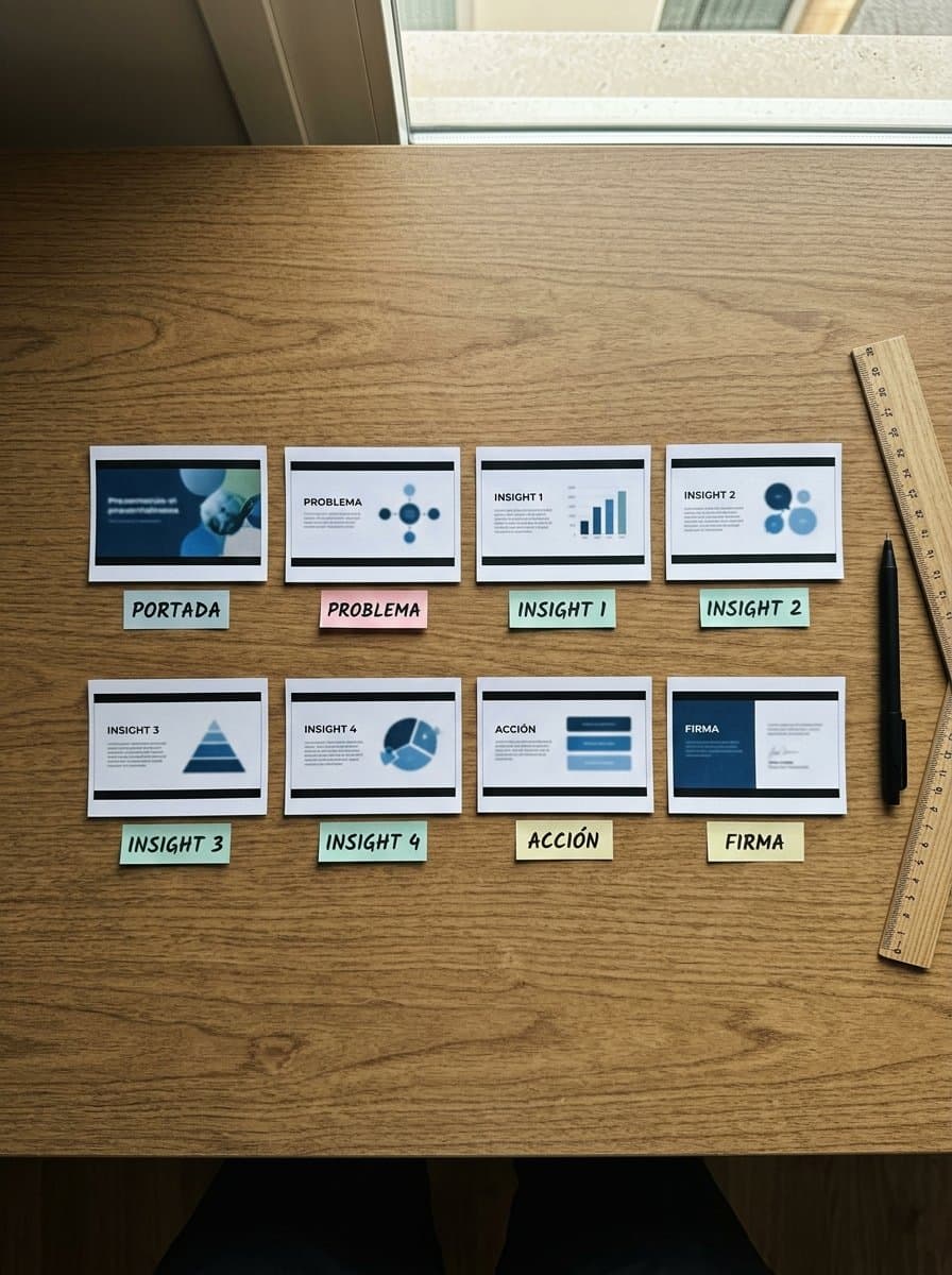 Storyboard de 8 slides: portada, problema, insights, acción, firma