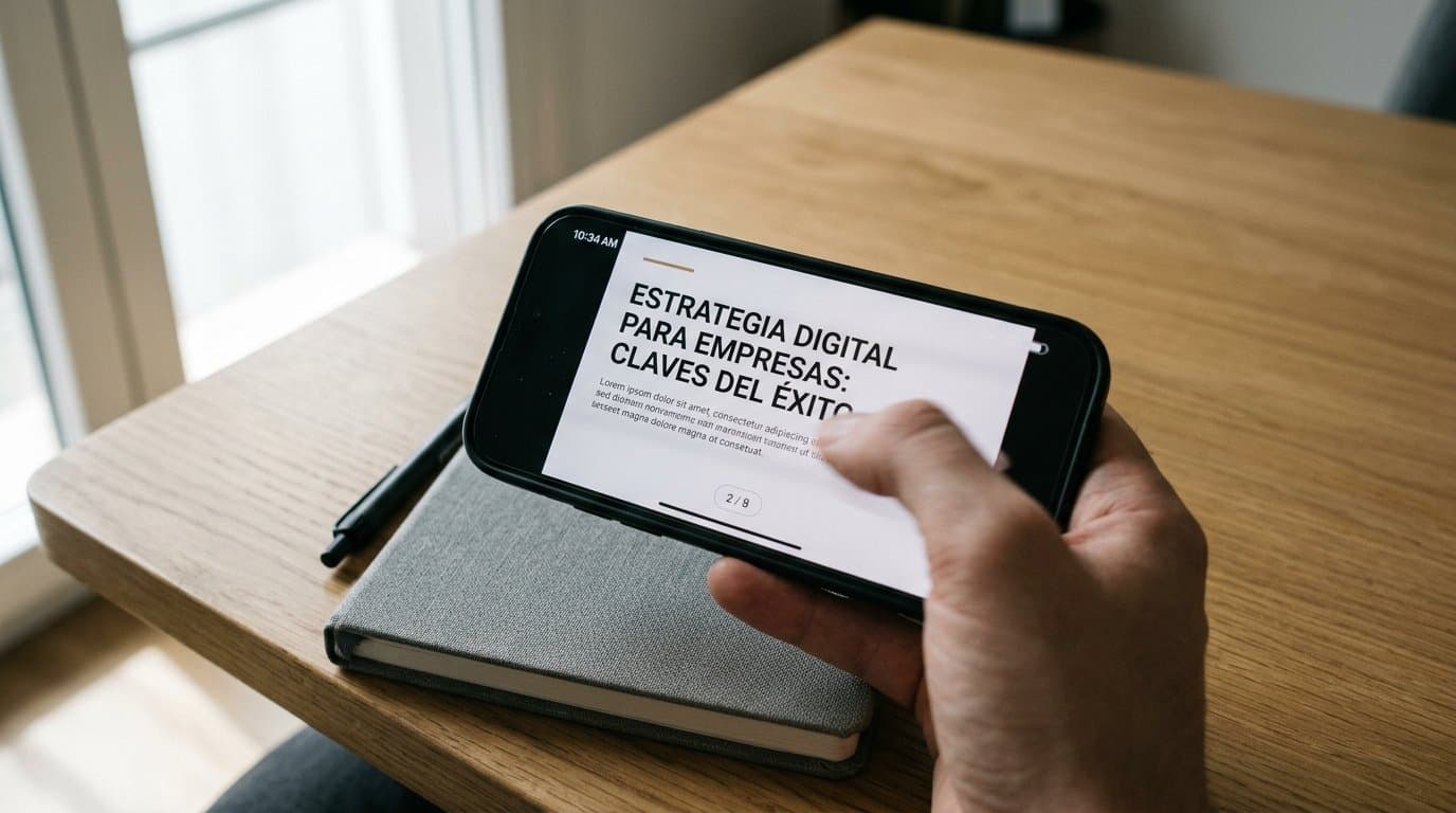 Móvil mostrando una slide de carrusel con el pulgar a mitad de swipe