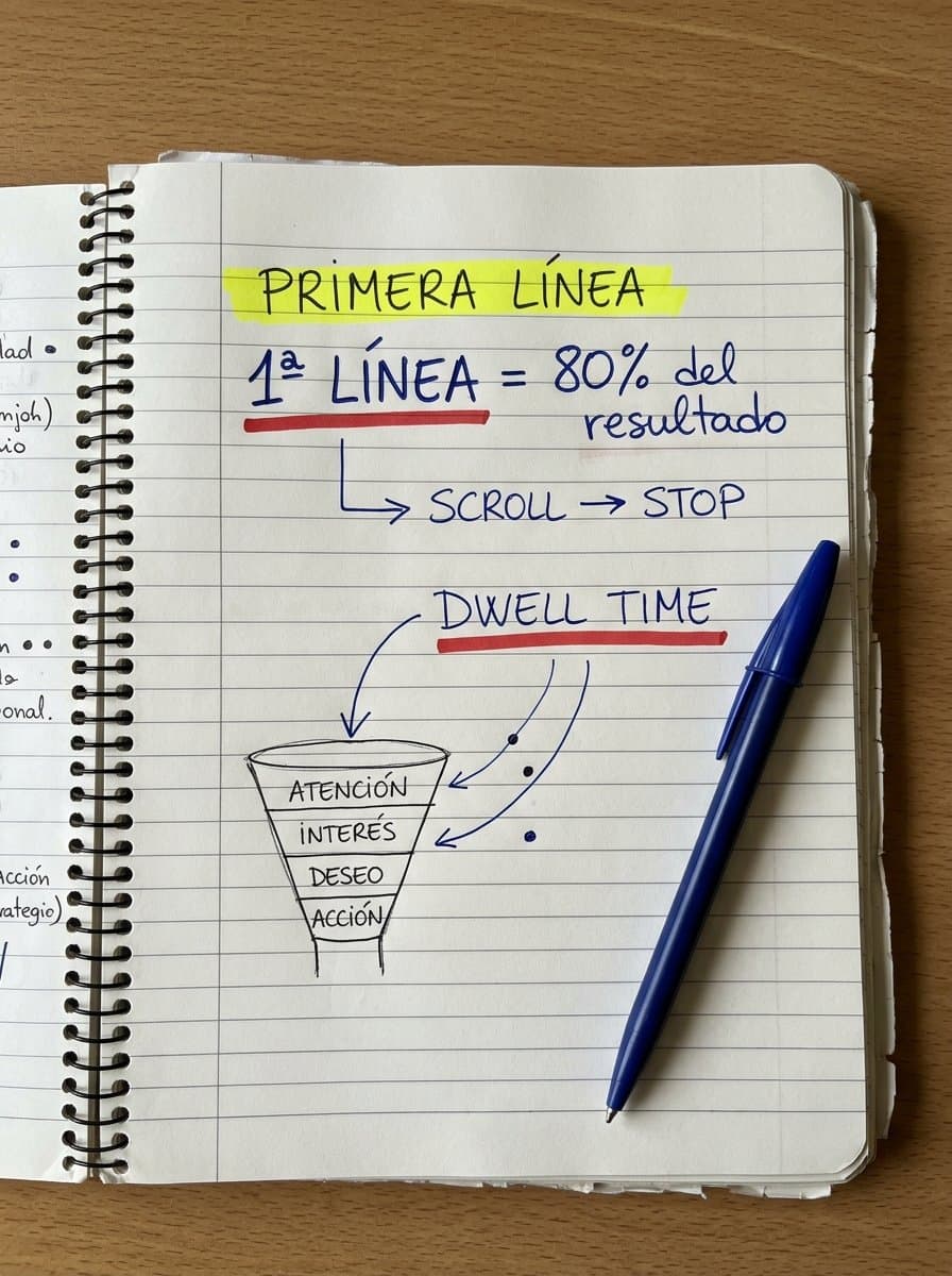 Notas manuscritas explicando que la primera línea decide el 80% del resultado