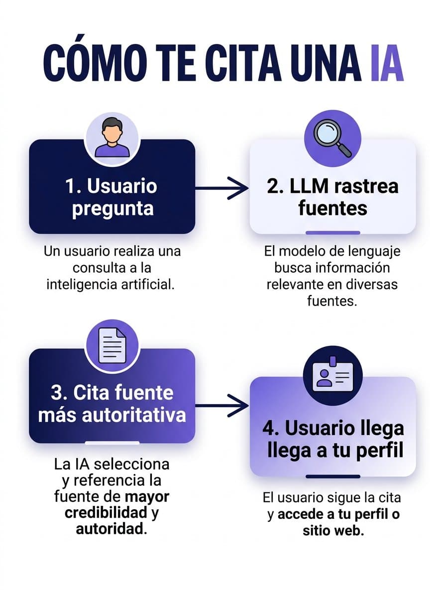 Diagrama: usuario pregunta, LLM rastrea fuentes, cita autoridad, lleva al perfil
