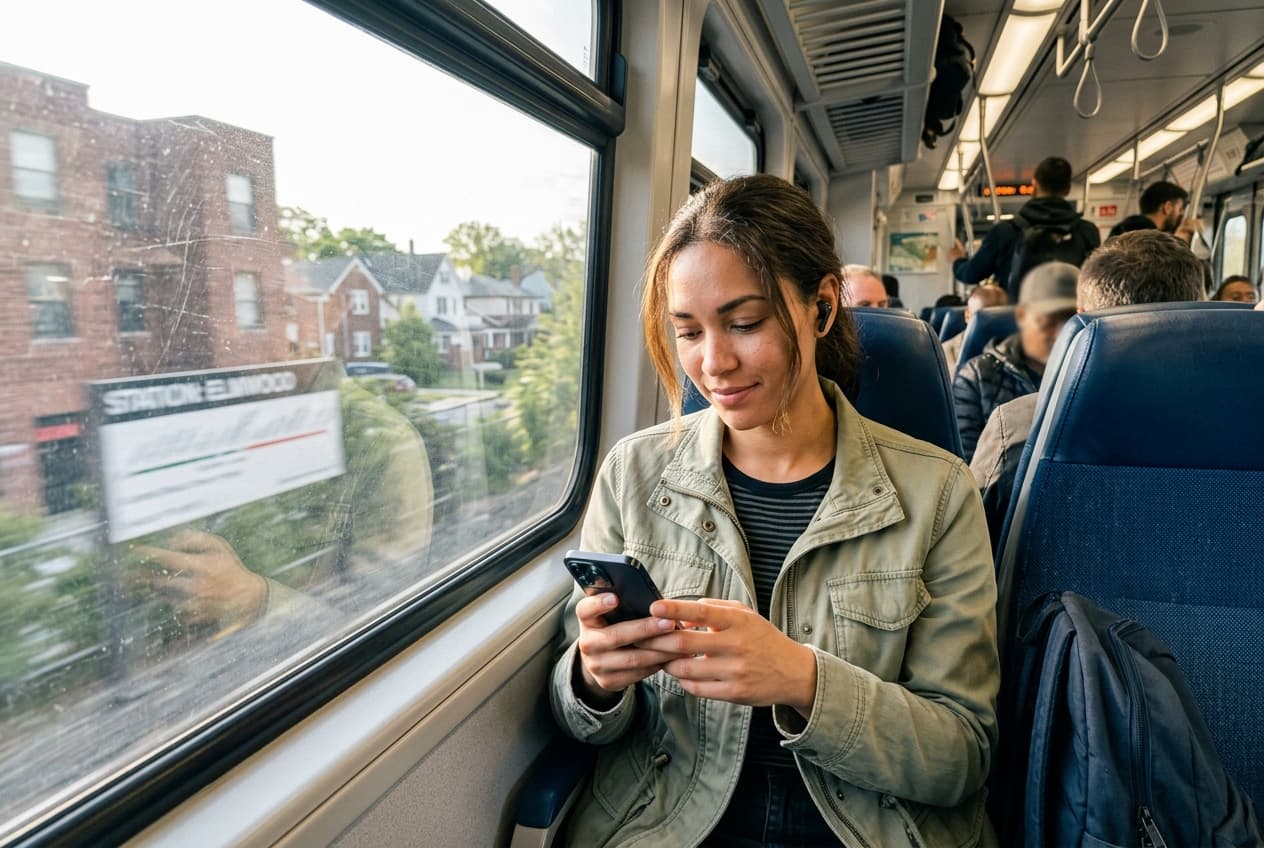 Profesional consultando LinkedIn durante el trayecto matutino