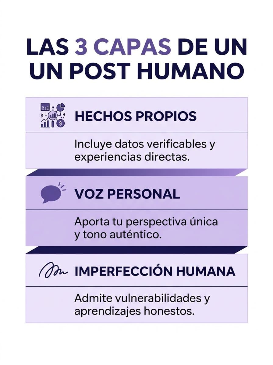 Infografía de las 3 capas: hechos propios, voz, imperfección