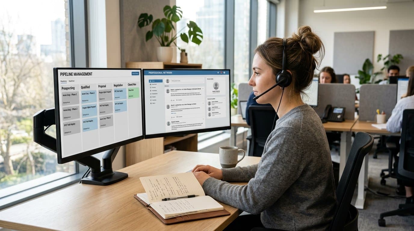 Comercial B2B con auriculares trabajando con CRM y red profesional