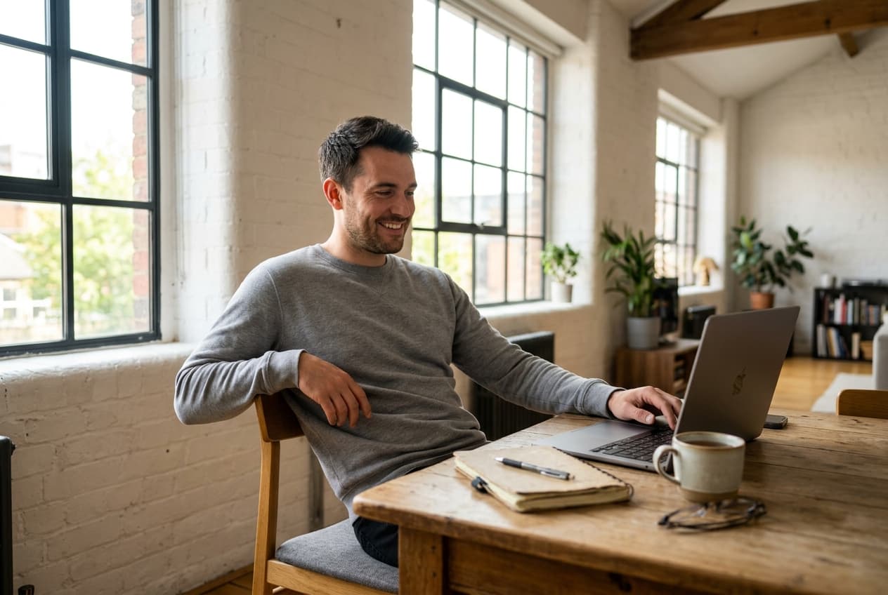 Profesional satisfecho revisando contenido generado con IA