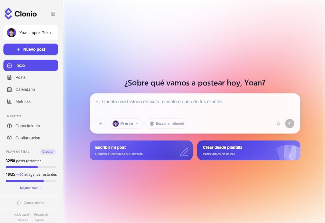 Clonio dashboard con la hero-bar para generar posts